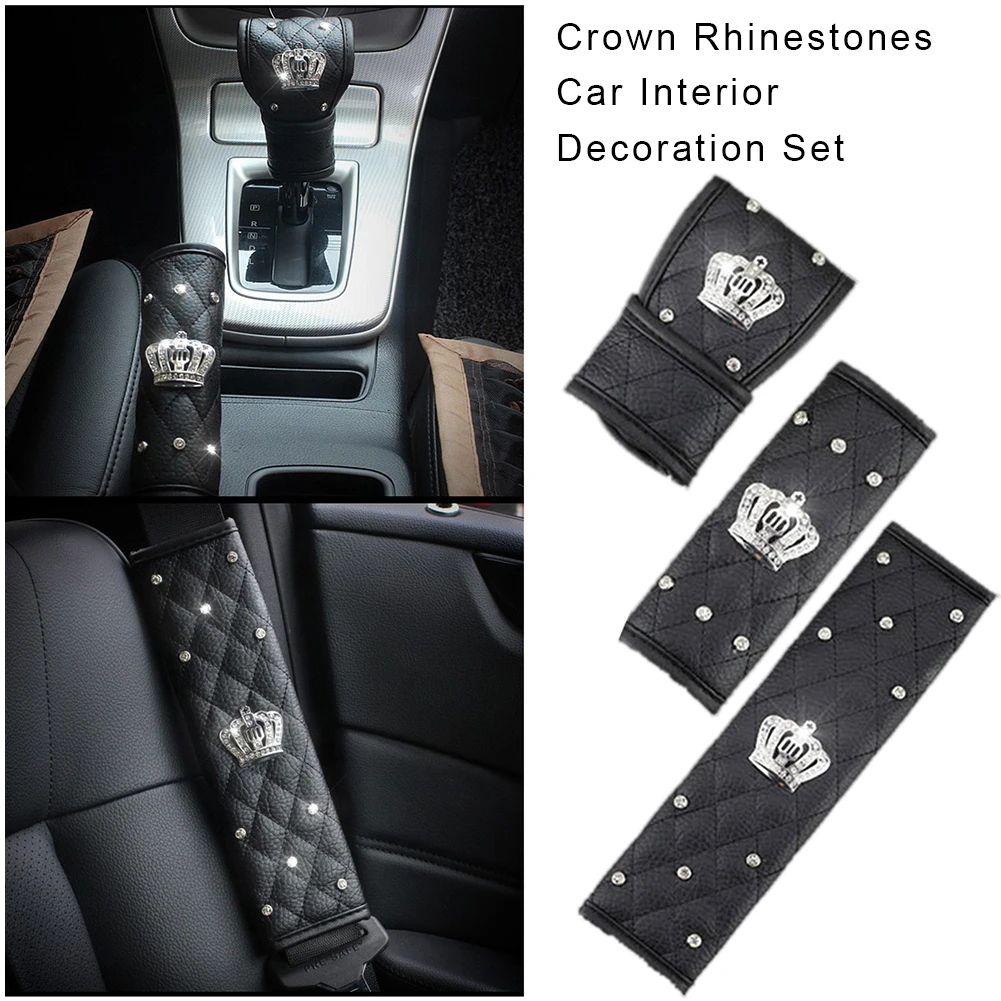 

Universal Car Seat Belt Cover Hand Brake Gear Cover Shoulder Protection Cover Set Rhinestones Leather Belt Sheath For All Cars
