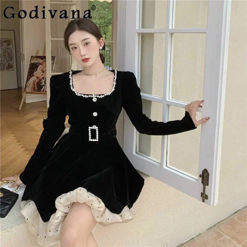

Polka Dot Ruffled Fake Two-Piece Black Velvet Dress Women 2021 Fall Winter Belt Waist Square Collar Long Sleeve Short Pettiskirt