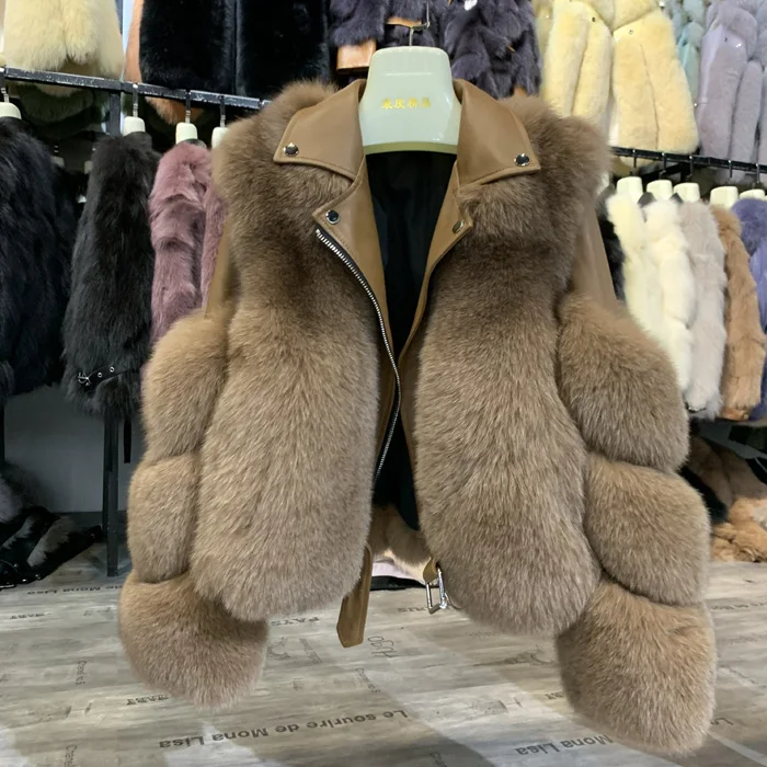 

rf2061b Winter Women's Fashion Aviator Fox Fur Jacket with Sheepskin Leather Belt
