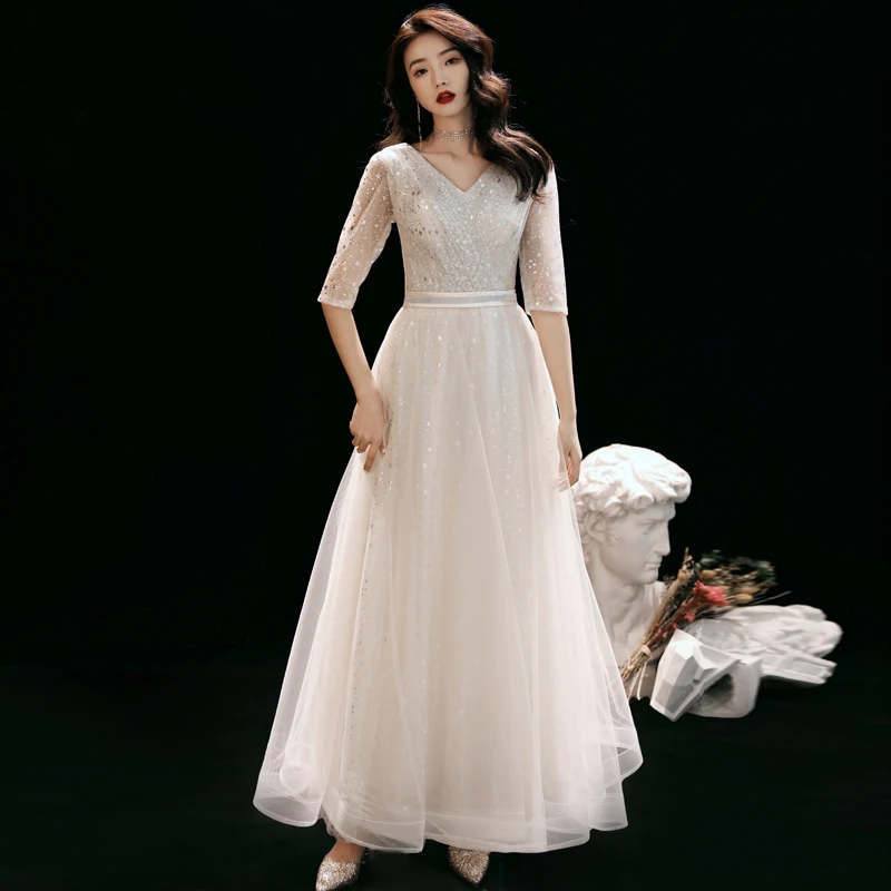 

New Elegant Illusion Sequins Evening Dresses Long A-Line V-Neck Fashion Princess Evening Gown Simple Formal Banquet Prom Dress