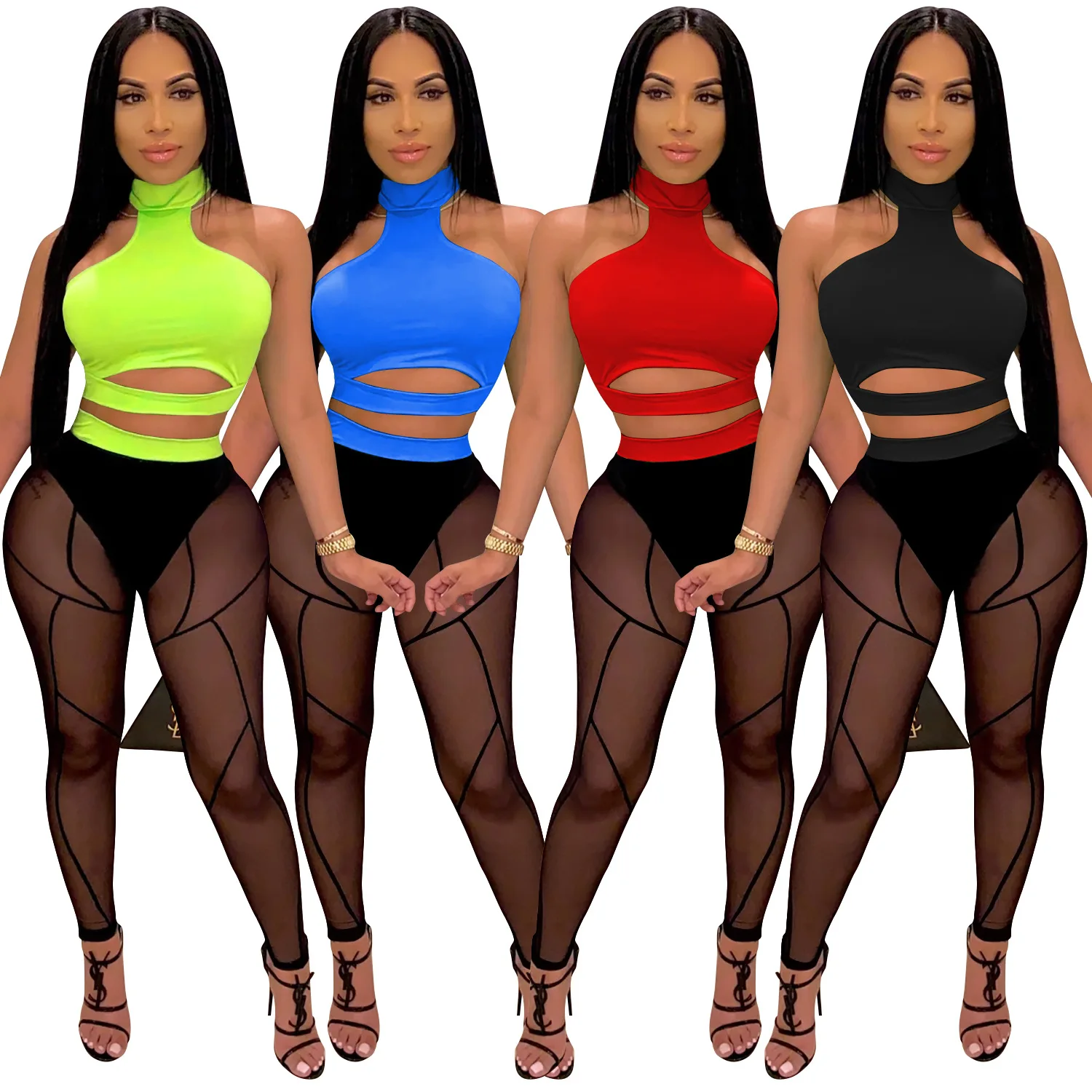 

Cutubly Cut Out Pants 2Pcs Matching Set Outfit Sexy Club Party Women Set Mesh See Though Tops Sweatpant Jogger Suit Tracksuit