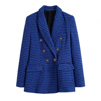 women fashion tweed double breasted blazer coat vintage long sleeve flap pockets female outerwear chic veste femme