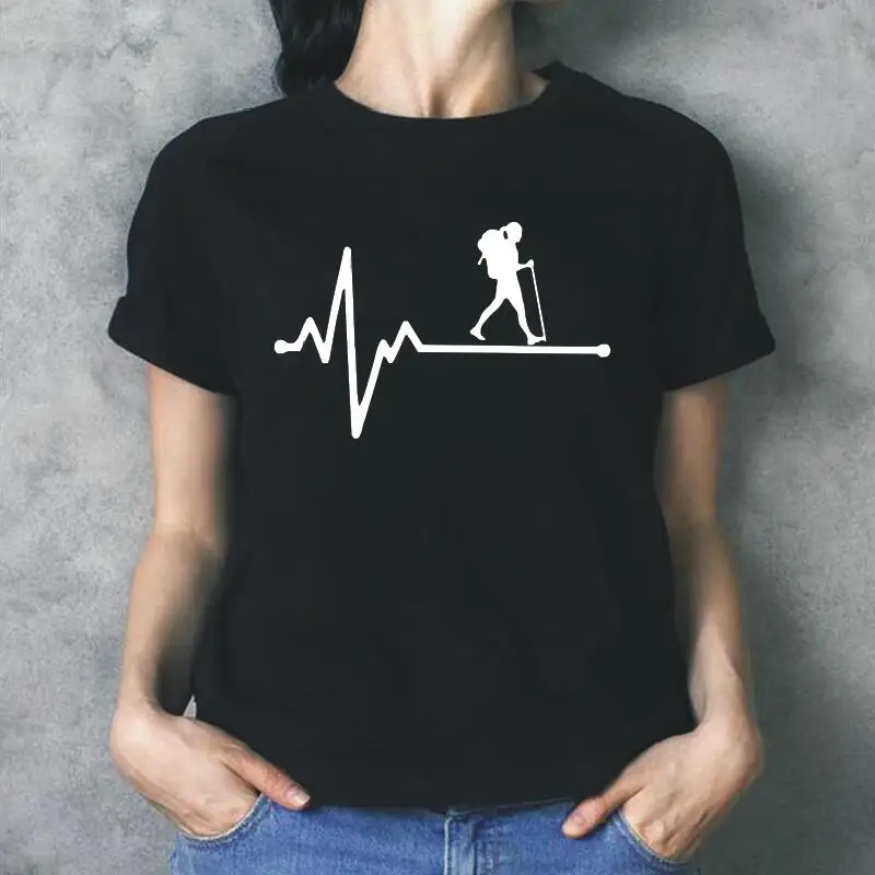 

Hiking Girl Lifeline Heartbeat Print T Shirt Women Tops Harajuku Summer Short Sleeve Casual Tee Shirt Femme Camisas De Mujer