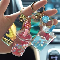 glitter quicksand key chain liquid floating unicorn keyring keychain bag charm milk tea cup pendant keyfob gift for women