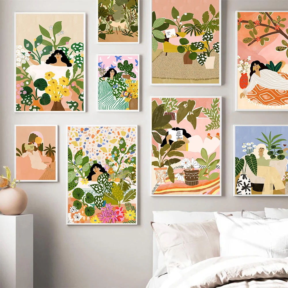 

Jungle Art Girl Flower Green Plants Home Bathing Canvas Painting Nordic Posters and Prints Wall Pictures for Living Room Decor