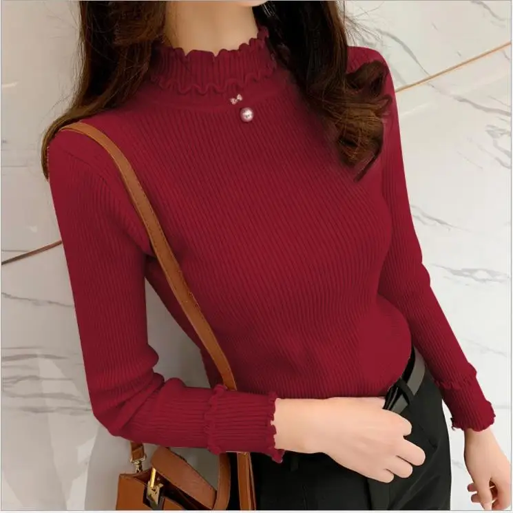 

Turtleneck Elastic Crop Tops Long Sleeve Short sweater Female Autumn Tops and Tees Short Casual GRAY22