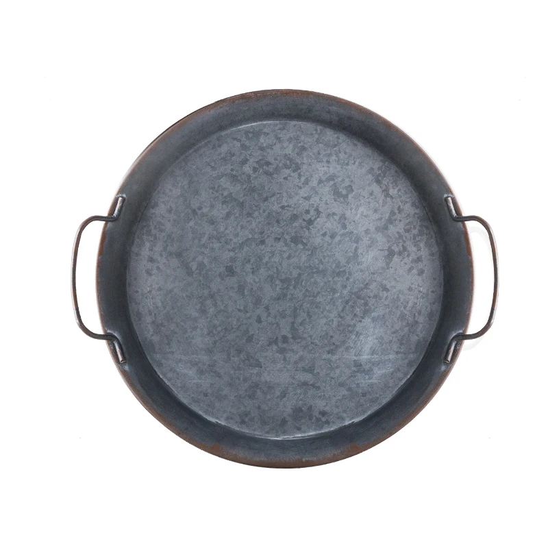

European Retro Metal Plate With Handle Handcrafted Round Wrought Vintage Storage Bread Tray Home Decoration Garden Restaurant