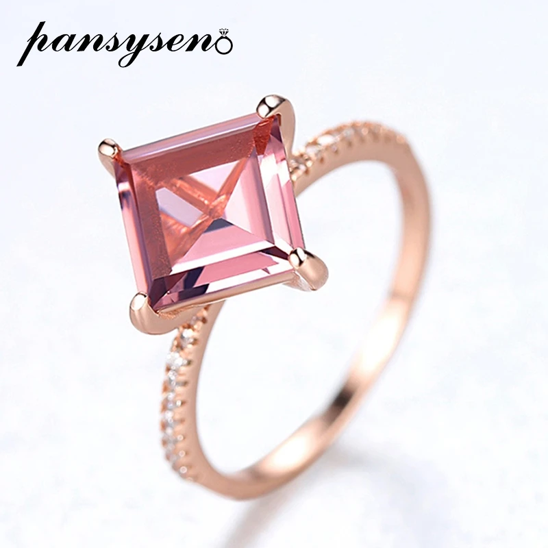 

PANSYSEN 100% 925 Sterling Silver Morganite Simulate Moissanite Gemstone Ring Rose Gold Color Wholesale Wedding Fine Jewelry