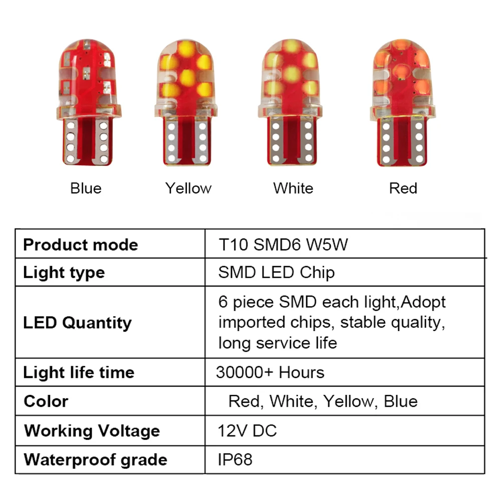 CROSSFOX 10x Автомобильный светодиодный T10 SMD12 W5W 194 светодиодный стояночный светильник для салона, клинообразный зазор, лицензионный светильник, белый, желтый, синий, красный