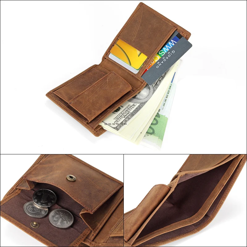 

NEW Genuine Leather Mens Wallets Crazy Horse Leather Men Wallet Coin Pocket and Card Holder High Quality Purses for Male