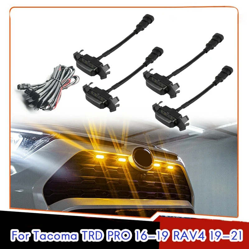

for 2016-2021 Toyota Tacoma TRD Pro / 2019-2021 RAV4 LED Front Grille Smoked Amber Light Daytime Running Lights Lamp