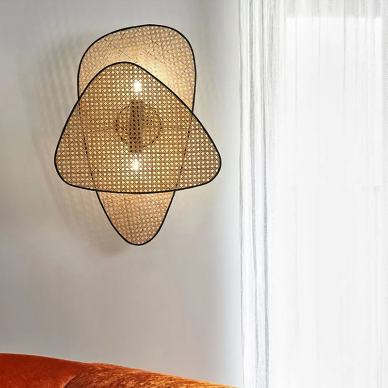 Leaf Grid Rural Head Made Rattan Led Wall Lamp Modern Art Retro Restaurant Bedroom Bedside Aisle Decor Wall Sconce Lighting