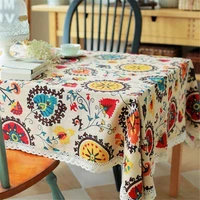 retro sunflower pattern lace cotton linen fabric tablecloth table cover decoration for home