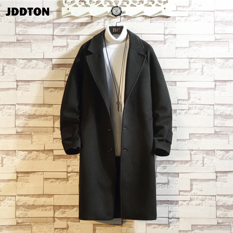 

JDDTON New Men's Woolen Coat Thick Jackets Warm Loose Thermal Trench Male Fashion Casual Windbreaker Mid Length Streetwear JE587