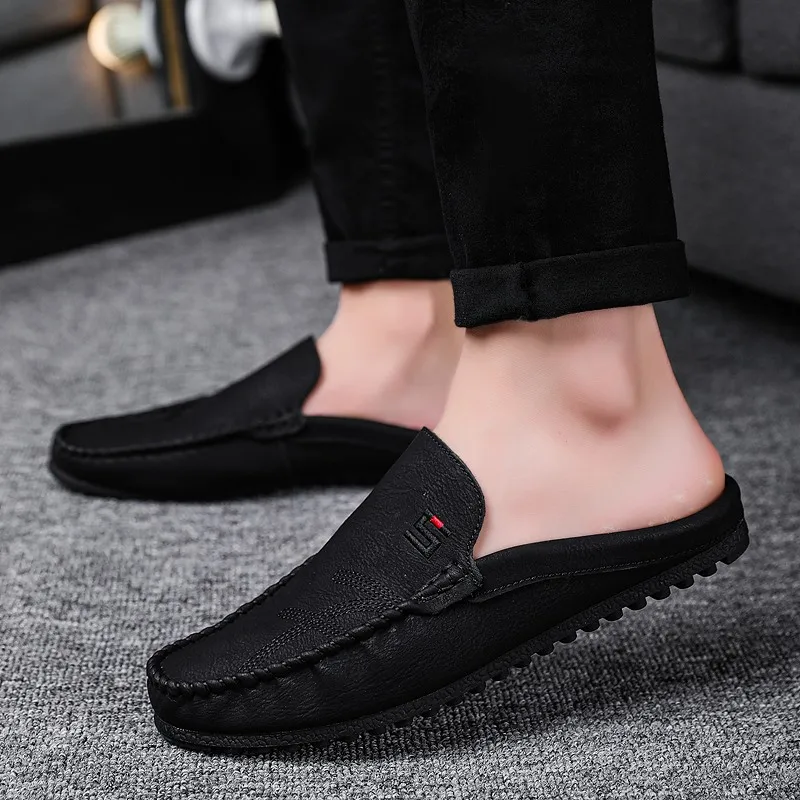 

Loafers Men Leather Half Slipper Slip On 3 Clors Flat Italian Style Leather Lazy Boat Driving Shoes Man