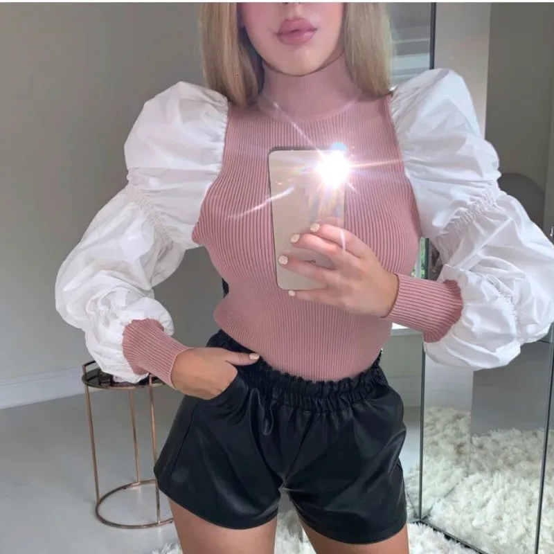 Новинка Женская водолазка блузка модная из кусков с пышными рукавами базовые