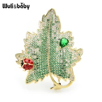wulibaby luxury zircon beetle and leaf brooches green leaf weddings banquet office brooch pins gifts