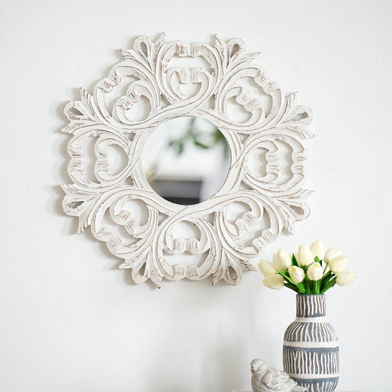 Классическое рельефное Дворцовое белое резное зеркало для макияжа спальни