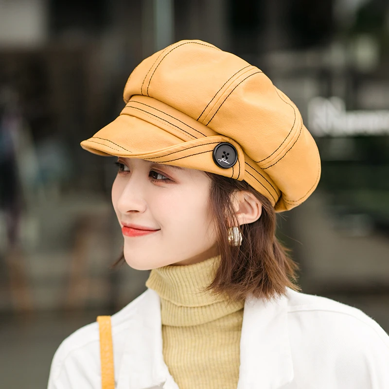 100% Pu Leather Beret Cap Octagonal Hat Female Autumn Winter Hats For Women Ladies Boina Feminina Gorras Bone Vintage England