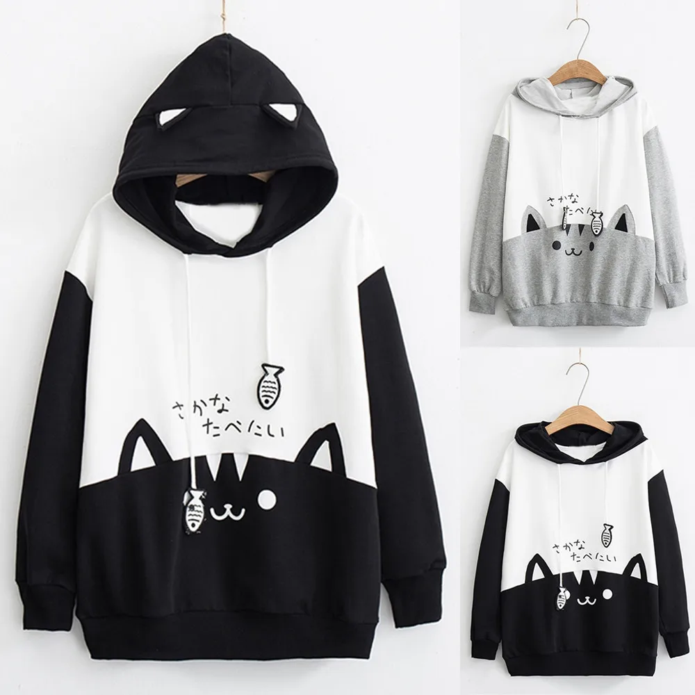 Kpop Женская одежда оверсайз женская s повседневная с длинным рукавом Kitty Cat Печать Карманный тонкое худи Блуза Топ рубашка милый свободный флис