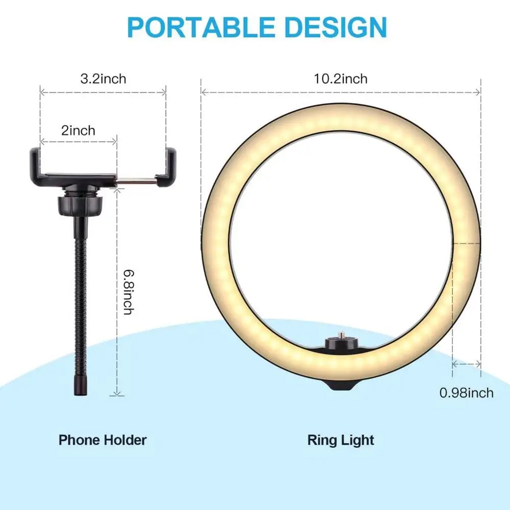 Светодиодный кольцевой фонарик 10 дюймов 3 цветной Регулируемый светодиод