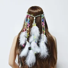 Diadema de plumas indias Retro para mujer, bandana de estilo bohemio Multicolor tejida a mano, diadema de fiesta Hippie Tribal (4)