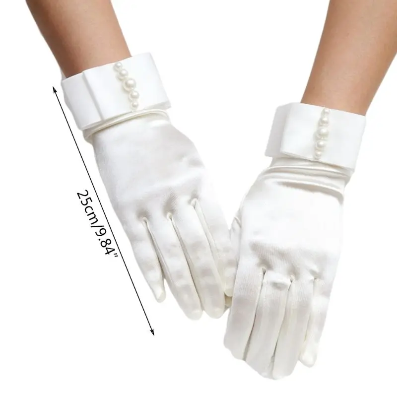 

Wedding Bridal Satin Short Gloves Faux Pearl Beaded Double Layer Bowknot Princess Prom Wrist Length Elastic Mittens 87HC