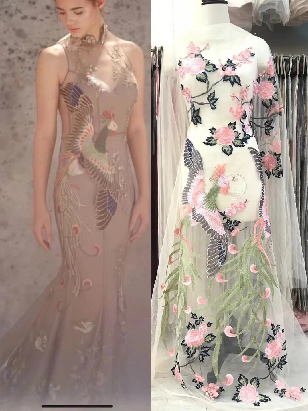 

(5 ярдов/шт.) Высококачественная французская сетчатая кружевная ткань с замечательной вышивкой Феникс и пион, Африканское Тюлевое кружево д...