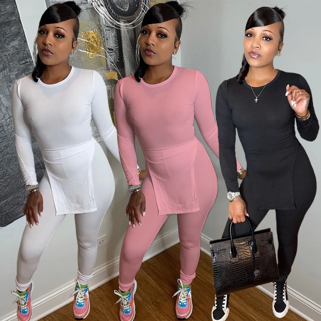 

Fitness Lounge Wear Solid Tracksuit Women Casual O Neck Long Side Slit T-Shirt + Pencil Pants Slim Two Piece Set Femme Outfits