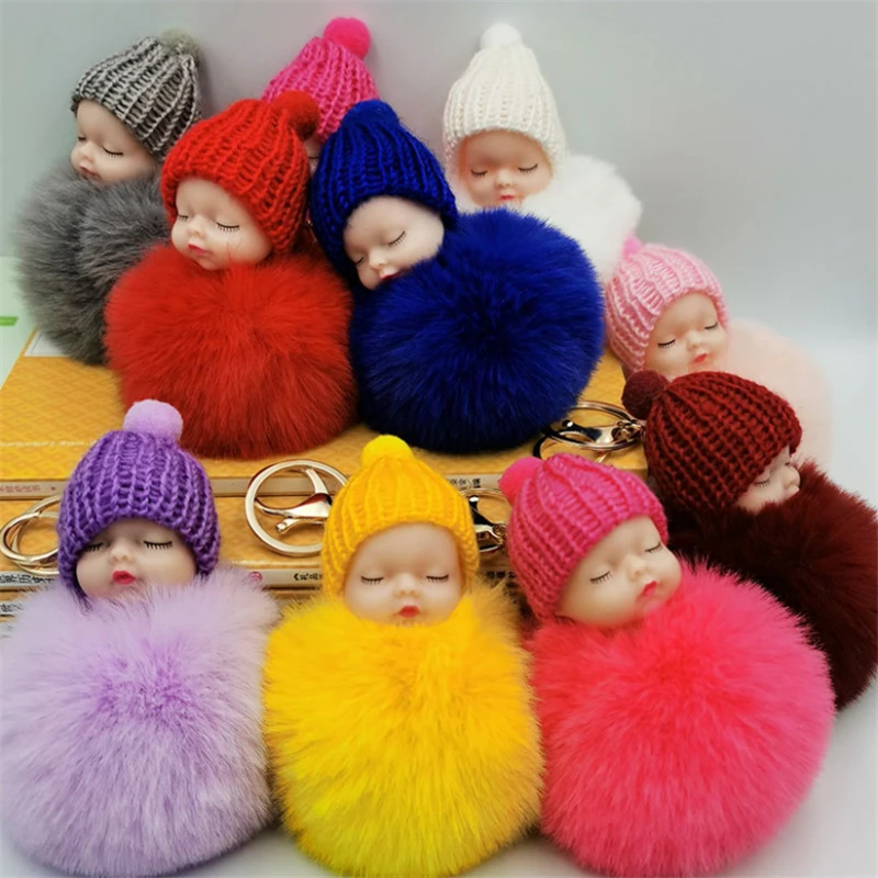 10pcs/Lot Cute Sleeping Doll Key Chains For Women Girls Car Bag Key Ring Fluffy Faux Rabbit Fur Pompom Keychains Gift