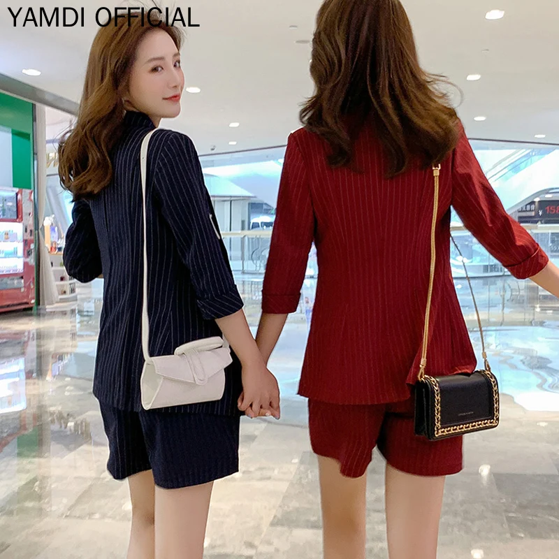 YAMDI женские короткие костюмы корейские офисные дамские деловые полосатые штаны