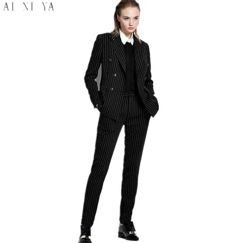 

Women Pant Suits Casual Office Business Suits Formal Work Wear Sets Female Office Uniform Black White Stripes Double-Breasted