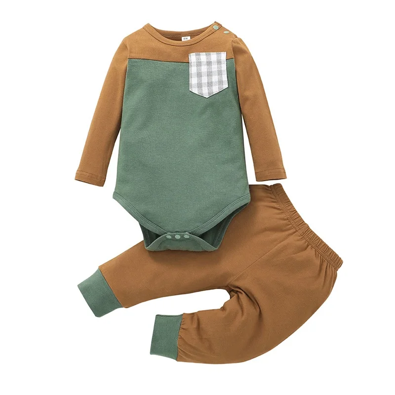 

Cool Little Boy Romper Set, Long Sleeve Round Neck Buttoned Triangle Crotch Romper Elastic Waist Long Pants