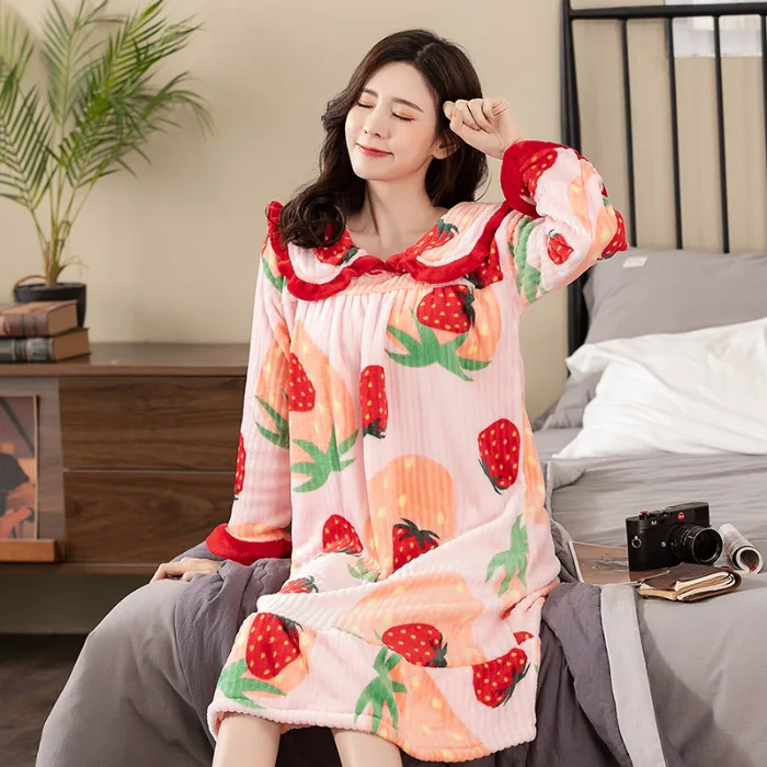 2021 Spring Autumn New Nightdress Women's Long Sleeve Korean Cartoon Flannel Nightdress Baby Collar Home Wear Women Nightgown