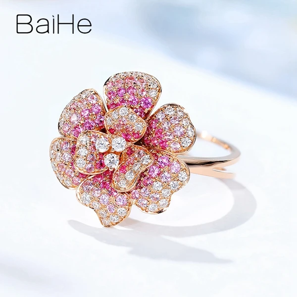 BAIHE Solid 14 к розовое золото 0.55ct натуральный розовый сапфир 0.25ct бриллиантами Для женщин свадебные модные ювелирные украшения цветы кулон кольцо