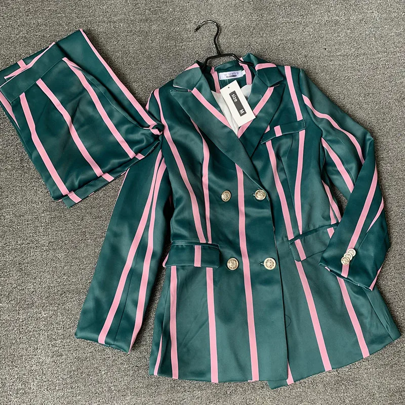 

HOUSEOFSD New Fashion Pant Suits 2 Piece Set for Women Striped Blazer Jacket & Trouser Office Business Dress