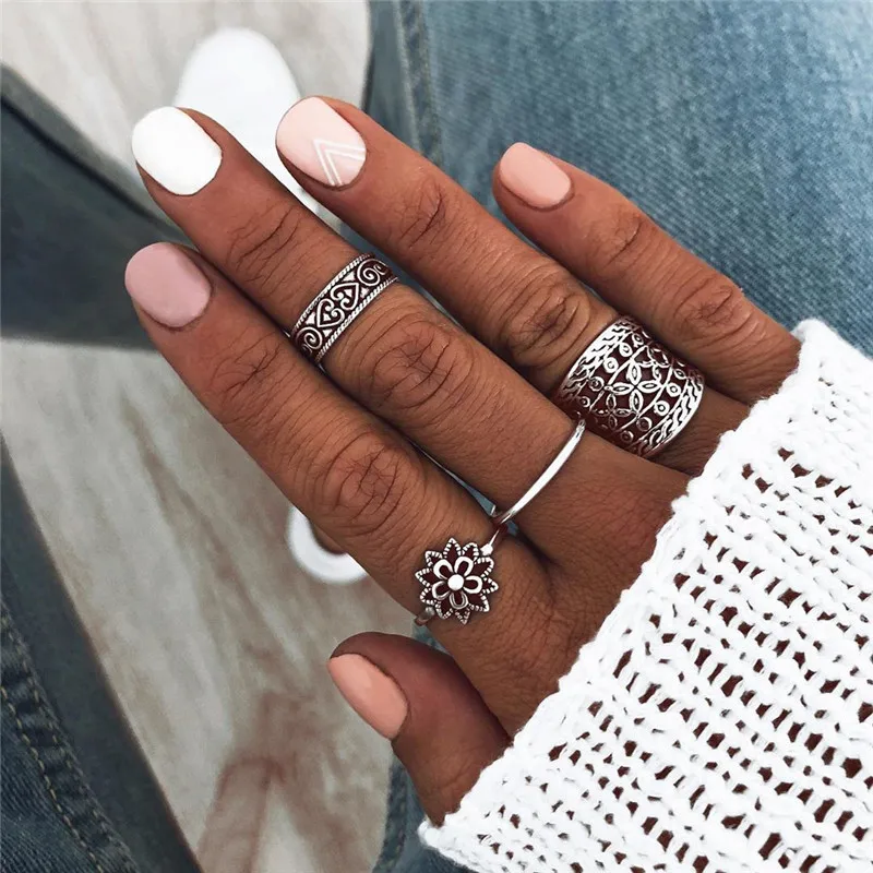 Винтажные полые листья цветок резное сердце геометрические кольца набор