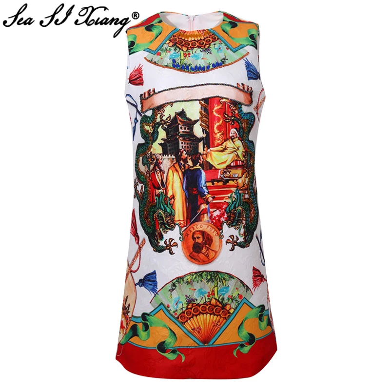 

Seasixiang Fashion Designer Summer Tank Dress O-Neck Sleeveless Beading Indie Folk Flower Print Dresses