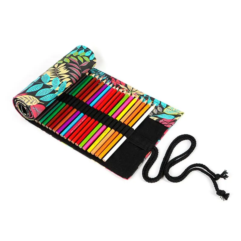 

B2RC Tree Leaf 12/24/36/48/72 Holes Canvas Roll Pen Curtain Pencil Bag Case Makeup Wrap Holder Storage Pouch