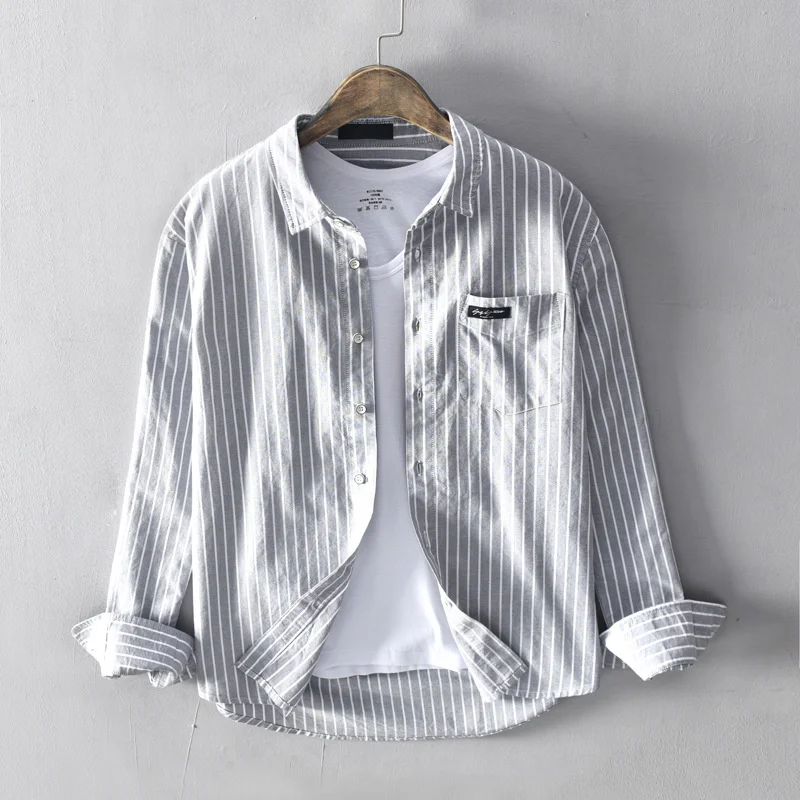 

Мужская Повседневная рубашка в полоску, серая или синяя рубашка в полоску с длинными рукавами, весна-лето 2022