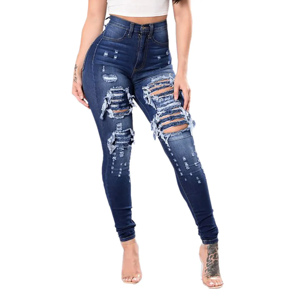 

Женские джинсы с эластичной талией длинные узкие штаны #4, рваные, обычные, тонкие, градиентные, сексуальные джинсы с дырками
