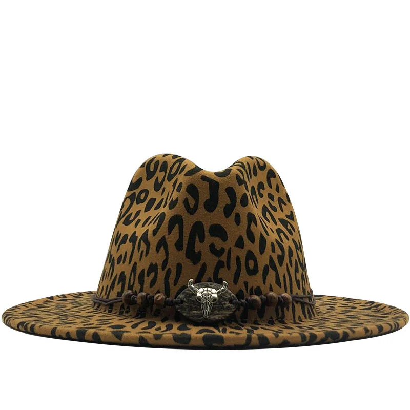 Панама с плоским козырьком для мужчин и женщин, модная шерстяная фетровая Панама, официальная шляпа-Трилби с леопардовым принтом, с кожаным ...