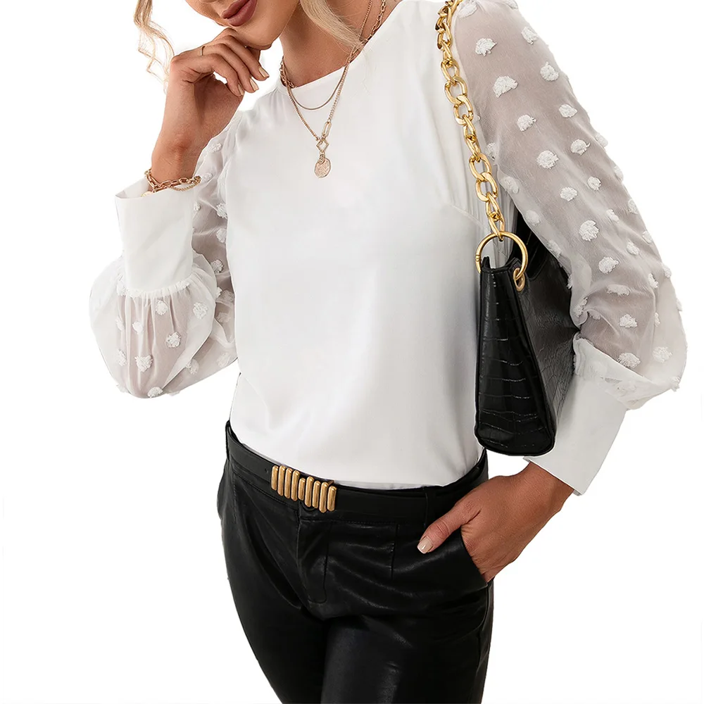 

Fashion Women Jacquard Round Neck Blouse Solid Lace Patchwork Mesh Long Sleeve T Shirt Office Ladies Work Tees Chic Streetwear