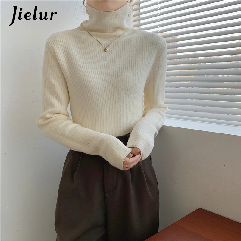 

Jielur Fleece Turtleneck Sweater Women Apricot Winter Slim knitted Sweaters Khaki Bottoming Pullovers New Pure Color Female Tops