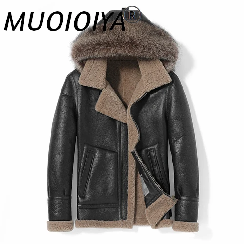 

MUOIOYIA Natural Sheep Shearling Jacket Men Hooded Real Fur Coat Vintage Mens Clothing Raccoon Dog Fur Collar 2022 Veste Homme