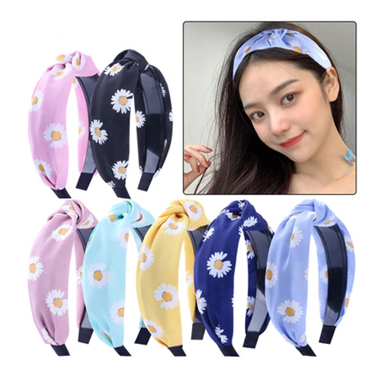 

Sweet Women Print Flower Hair Bands Cute Wide Cross Knot Small Chrysanthemum Headbands Make Up Hair Hoop Hair Accessories 2021