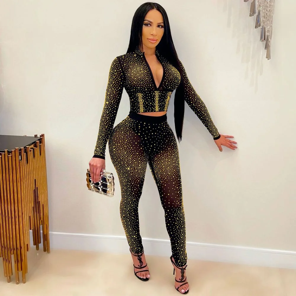 

Mesh Sheer Rhinestones See Through Two Piece Pant Suit Women Cleavage Long Sleeve Crop Top and Pencil Legging Party Clubwear