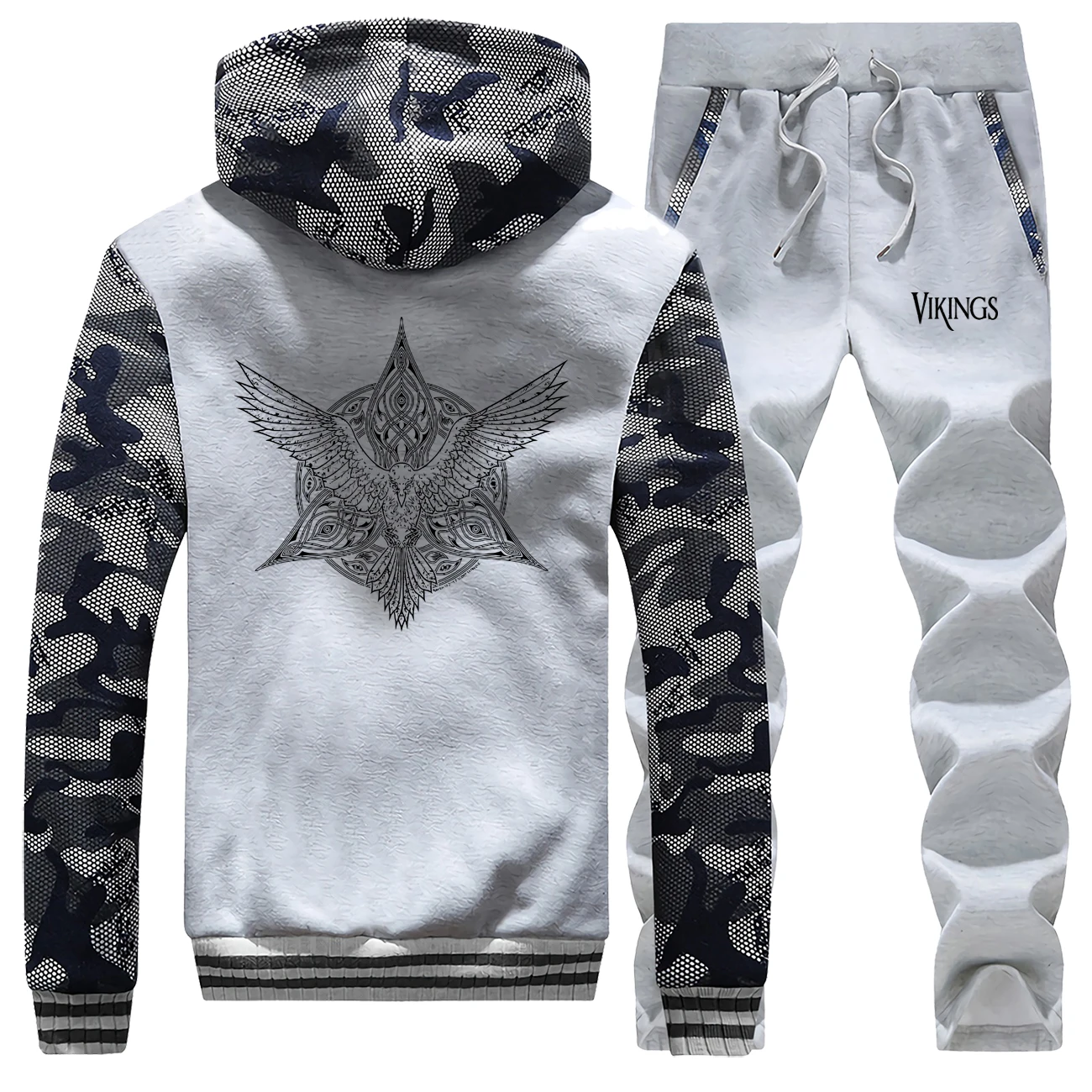 

Odin Vikings Print Mens Sets Winter Fleece Thick Warm Sweatshirts Sweatpants Sets Male Raglan Camouflage Hooded Tracksuits Sets