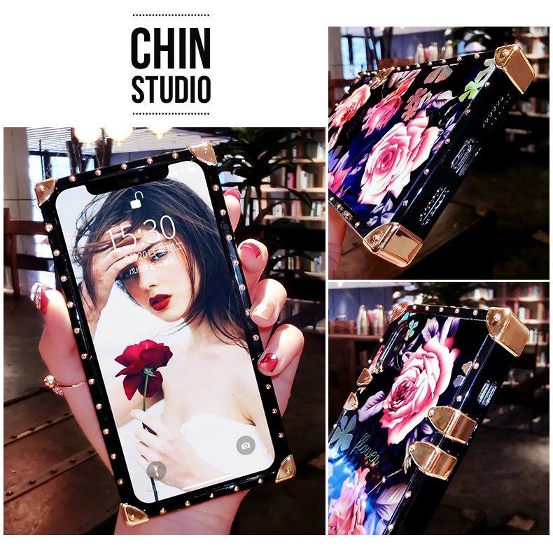 

Luxury Rivet Rose Flower Blue Ray Squar Case For iPhone 12 Pro Max 11 Pro XS Max XR X 6S 7 8 plus for Samsung Note 10 9 8 cover