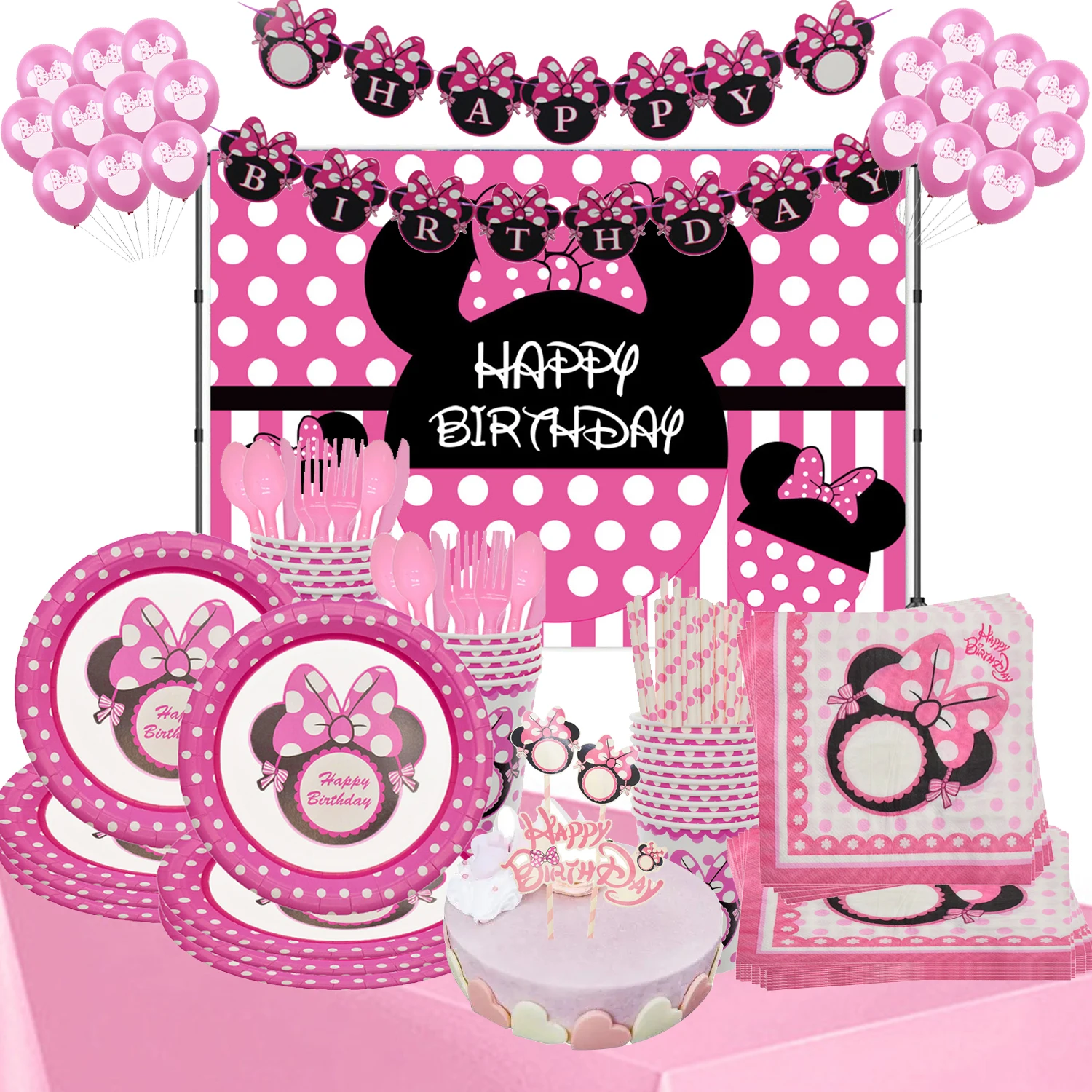 Disney Minnie Mouse Thema Wegwerp Servies Set Kids Verjaardagsfeestje Supplies Plaat Cup Servet Vlag Meisje Roze Taart Decoratie